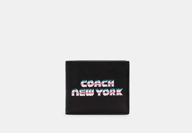 COACH®,DOUBLE BILLFOLD WALLET WITH 80'S NEW YORK GRAPHIC,Leather,Gunmetal/Black,Front View