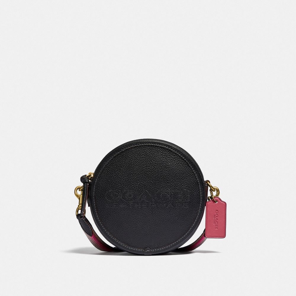 COACH®,KIA CIRCLE BAG IN COLORBLOCK,Pebble Leather,Small,Brass/Black Multi,Front View