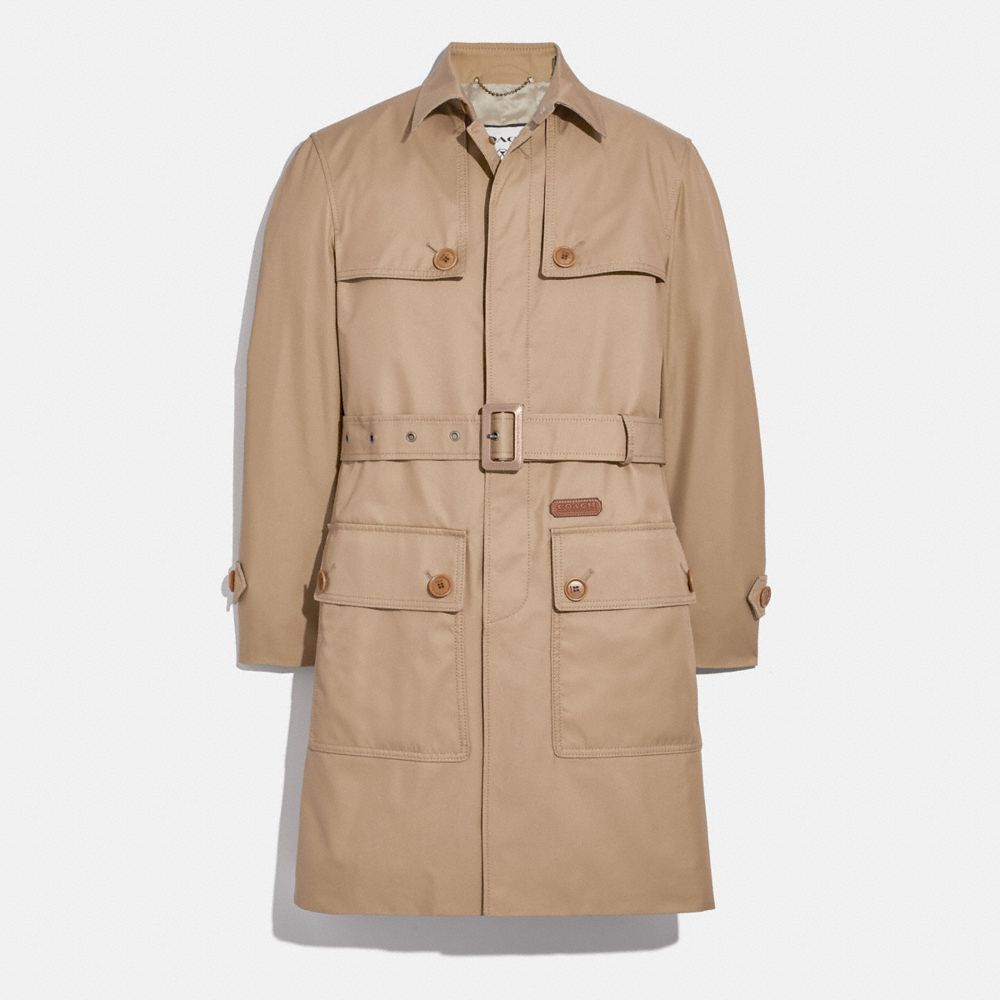 COACH®,TRENCH COAT IN ORGANIC COTTON AND RECYCLED POLYESTER,Organic Cotton,KHAKI,Front View