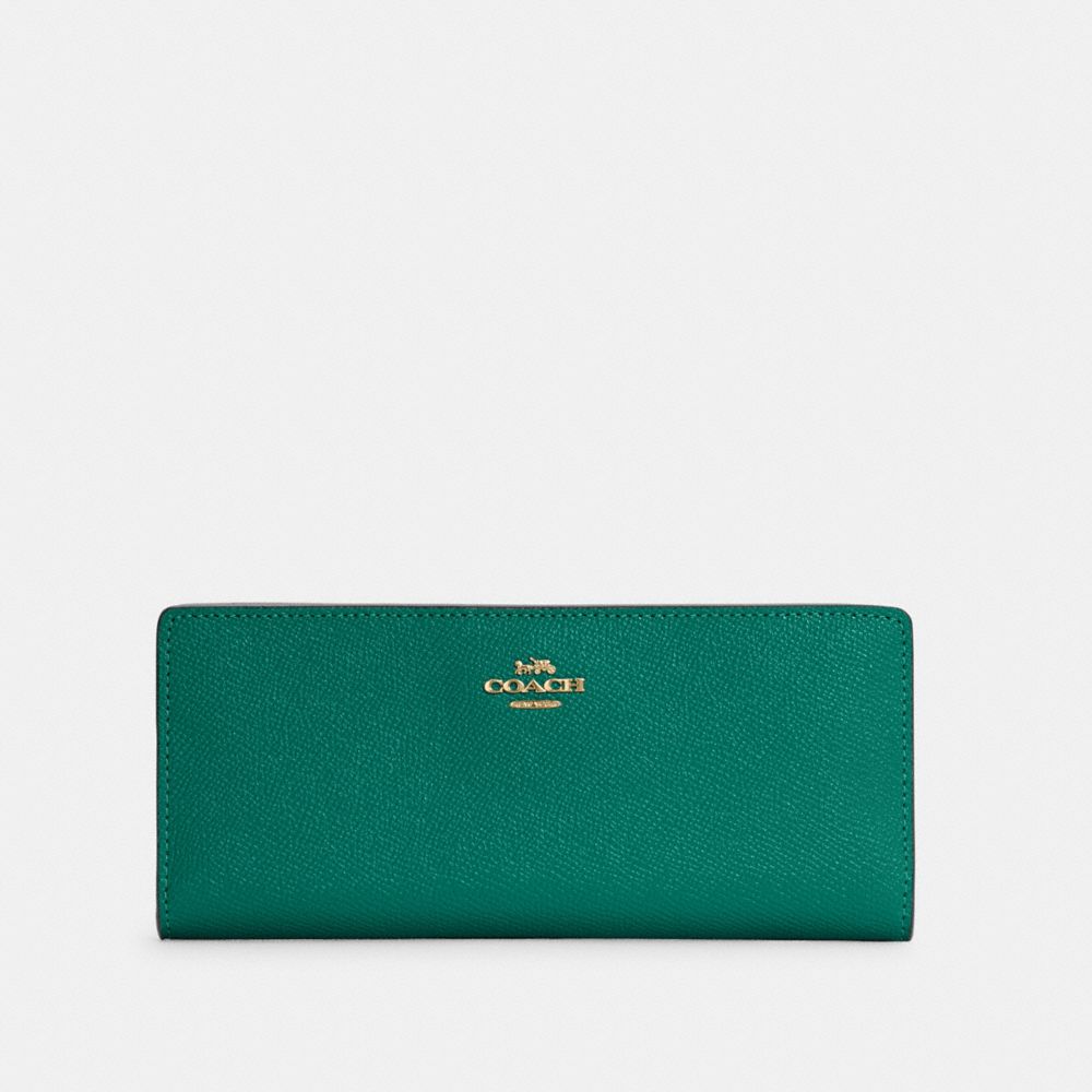COACH®,SLIM WALLET,Leather,Mini,Gold/Bright Jade,Front View