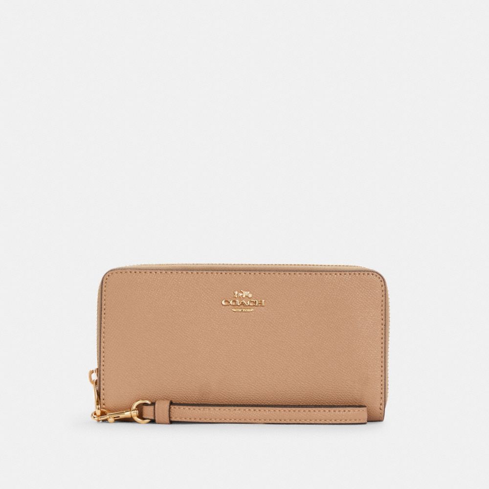 COACH®,PORTEFEUILLE ZIP-CONTOUR LONG,Cuir Cross-grain,Or/Taupe,Front View