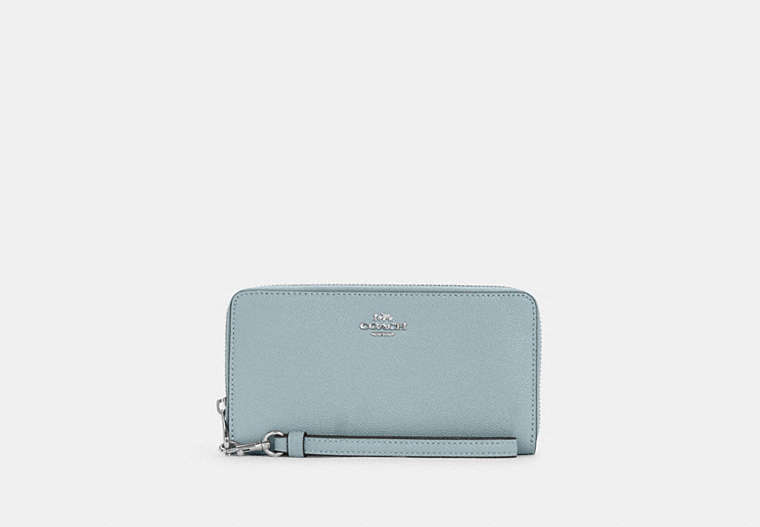 COACH®,LONG ZIP AROUND WALLET,Leather,Mini,Silver/Powder Blue,Front View