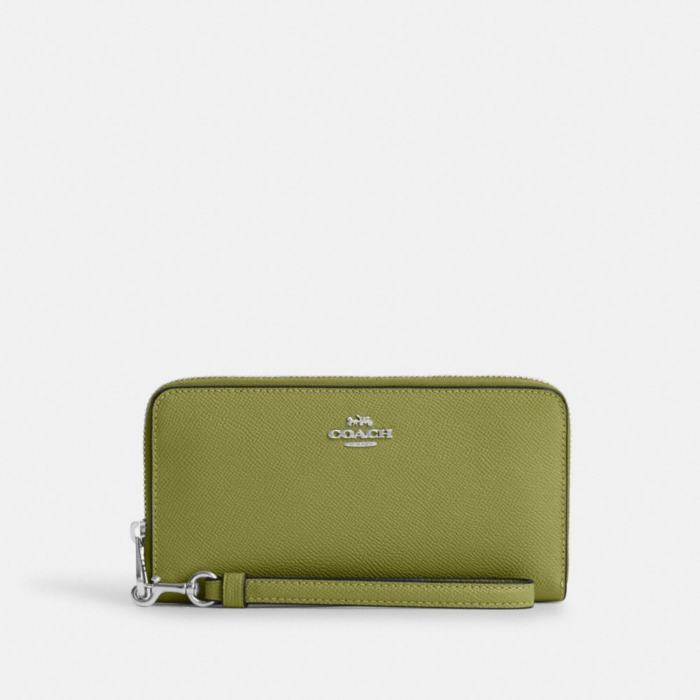 COACH®,LONG ZIP AROUND WALLET,Crossgrain Leather,Mini,Silver/Yellow Green,Front View