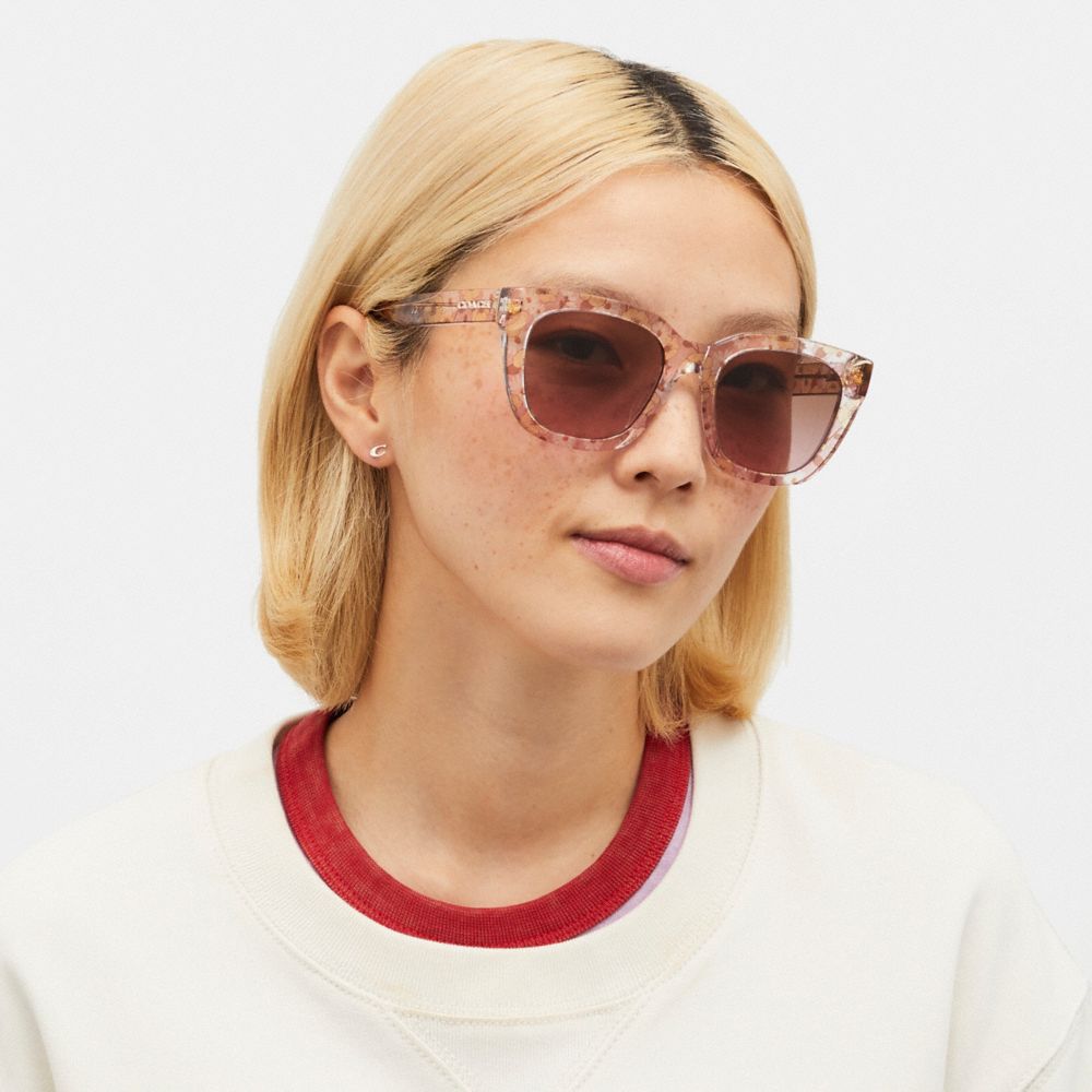 COACH®,LEGACY STRIPE SQUARE SUNGLASSES,Transparent Pink Floral,Angle View