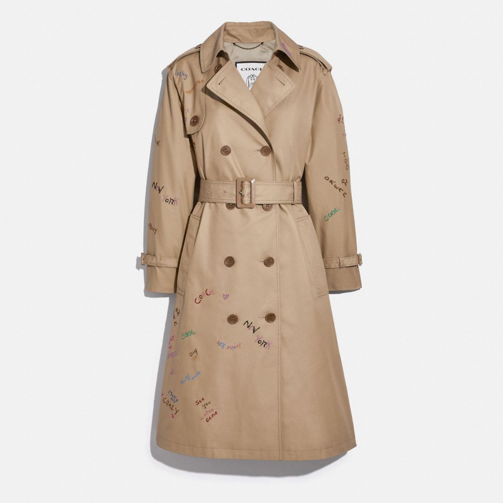 COACH®,EMBROIDERED TRENCH COAT IN ORGANIC COTTON AND RECYCLED POLYESTER,Organic Cotton,Classic Khaki,Front View