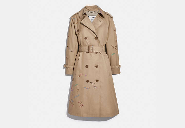 COACH®,EMBROIDERED TRENCH COAT IN ORGANIC COTTON AND RECYCLED POLYESTER,Organic Cotton,Classic Khaki,Front View