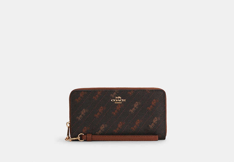 COACH®,LONG ZIP AROUND WALLET WITH HORSE AND CARRIAGE DOT PRINT,Gold/Black,Front View
