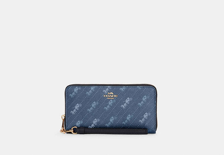 COACH®,LONG ZIP AROUND WALLET WITH HORSE AND CARRIAGE DOT PRINT,Gold/Denim,Front View