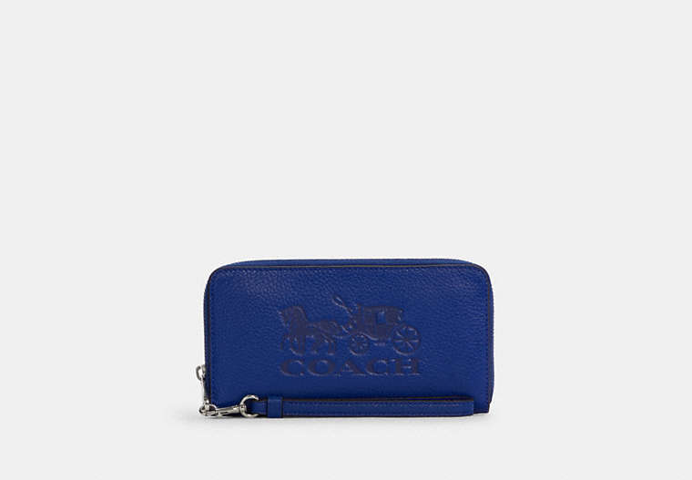 COACH®,LONG ZIP AROUND WALLET WITH HORSE AND CARRIAGE,Leather,Mini,Silver/Sport Blue,Front View