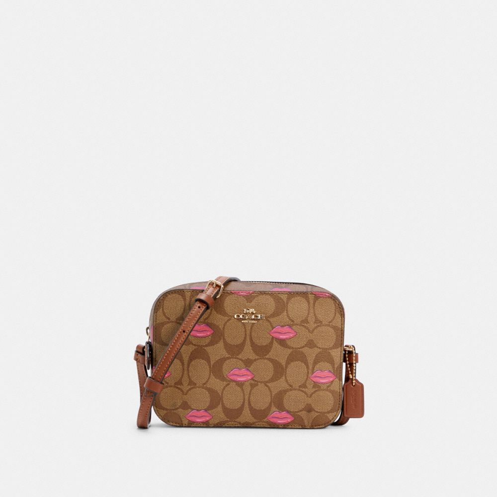 COACH®,MINI CAMERA BAG IN SIGNATURE CANVAS WITH LIPS PRINT,Gold/Khaki Redwood,Front View