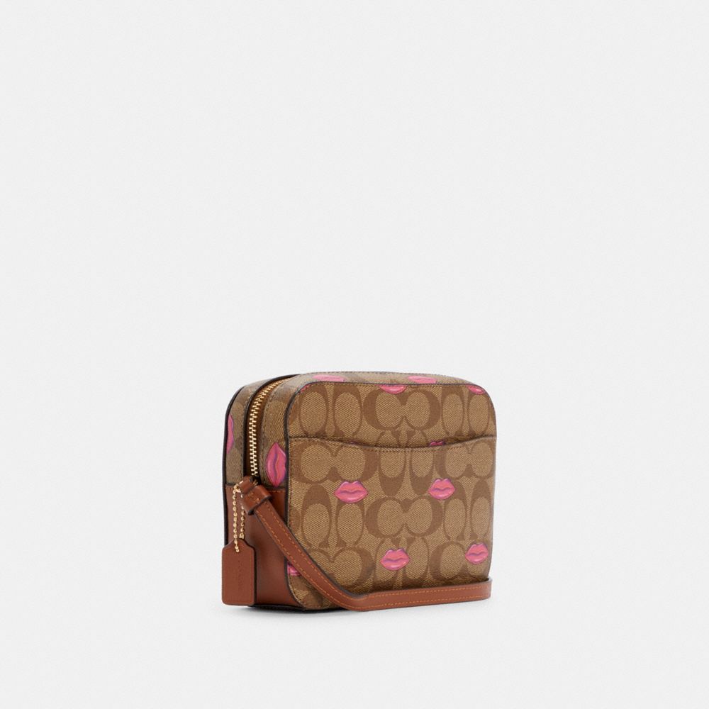 COACH®,MINI CAMERA BAG IN SIGNATURE CANVAS WITH LIPS PRINT,Gold/Khaki Redwood,Angle View