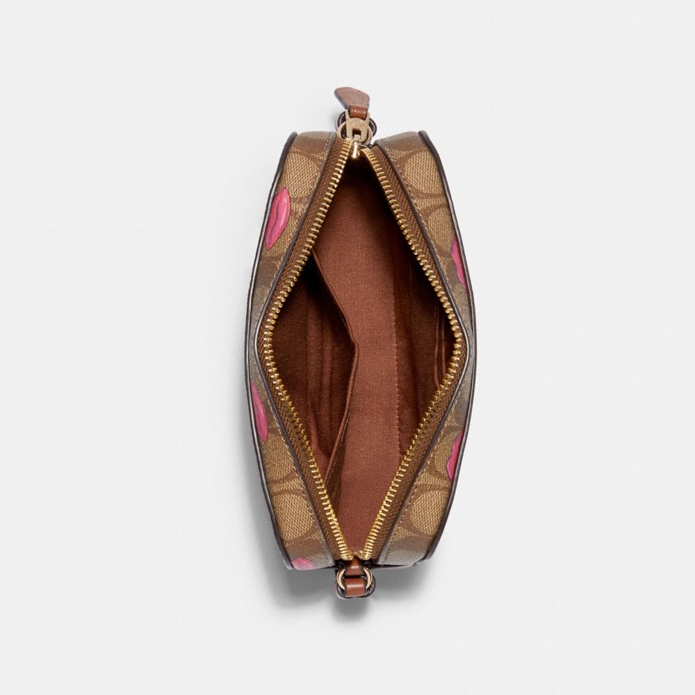 COACH®,MINI CAMERA BAG IN SIGNATURE CANVAS WITH LIPS PRINT,Gold/Khaki Redwood,Inside View,Top View