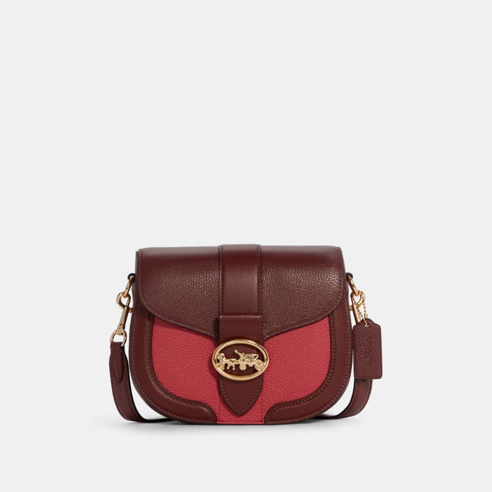 COACH®,GEORGIE SADDLE BAG IN COLORBLOCK,Leather,Medium,Gold/Cherry Multi,Front View