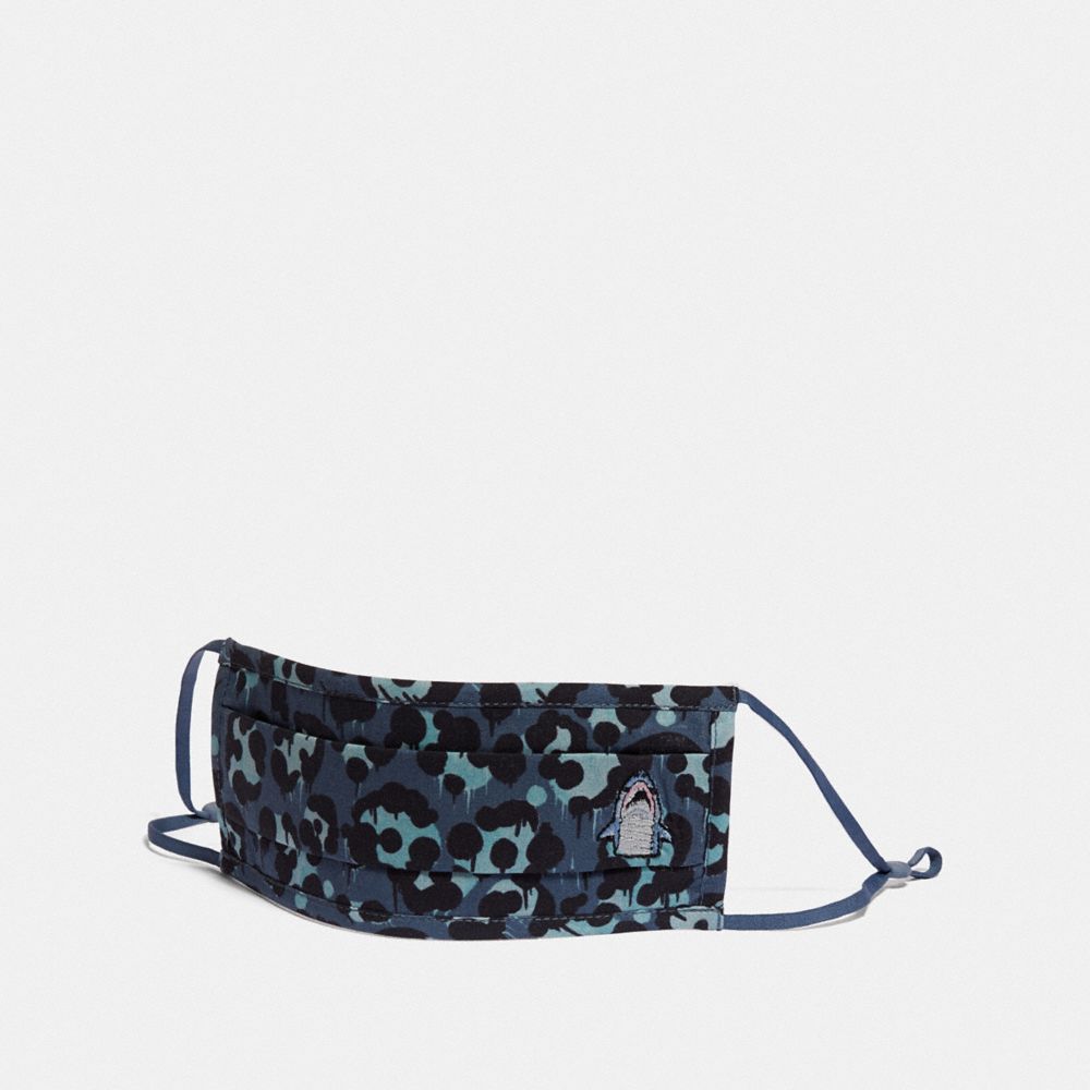 COACH®,SHARKY FACE MASK WITH CAMO PRINT,cotton,Denim,Front View image number 0