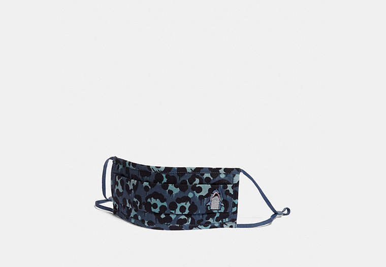 COACH®,SHARKY FACE MASK WITH CAMO PRINT,cotton,Denim,Front View
