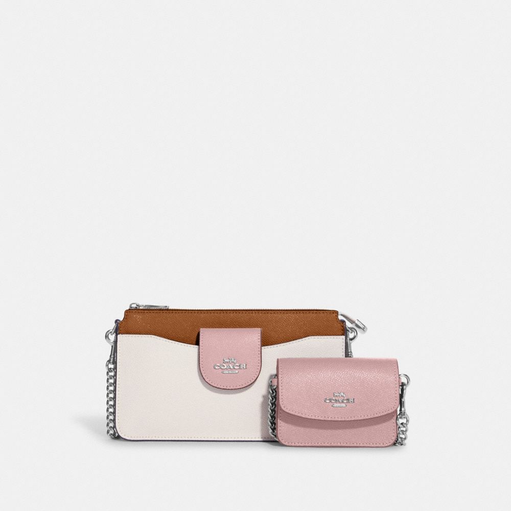 COACH®,POPPY CROSSBODY WITH CARD CASE IN COLORBLOCK,Novelty Leather,Mini,Silver/Chalk/Powder Pink Multi,Front View