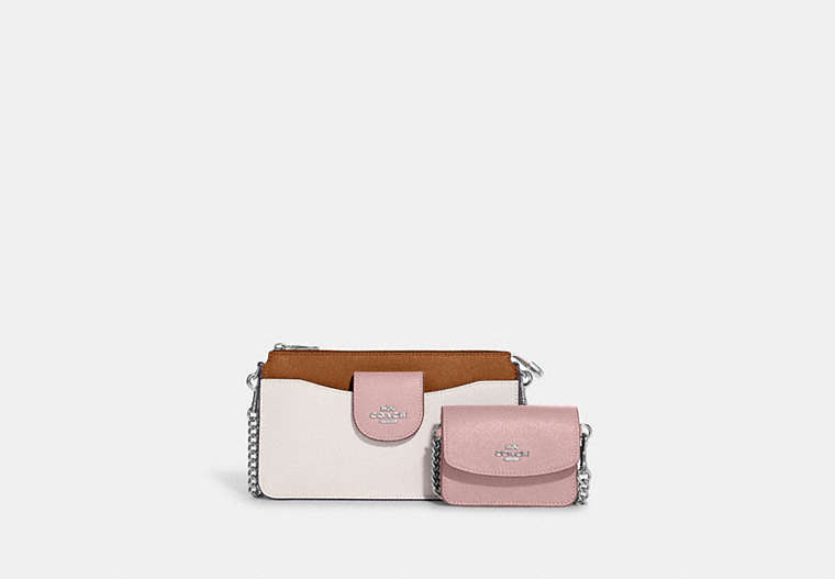 COACH®,POPPY CROSSBODY WITH CARD CASE IN COLORBLOCK,Leather,Mini,Silver/Chalk/Powder Pink Multi,Front View
