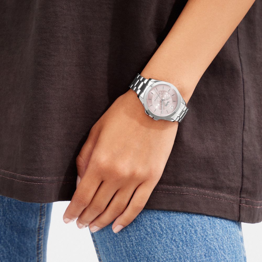 COACH®,Libby Watch, 37 Mm,Analog,Crystal,Textured,Word Embellishment,Logo,Water Resistant,Stainless Steel,Silver Metal,Casual,,Detail View