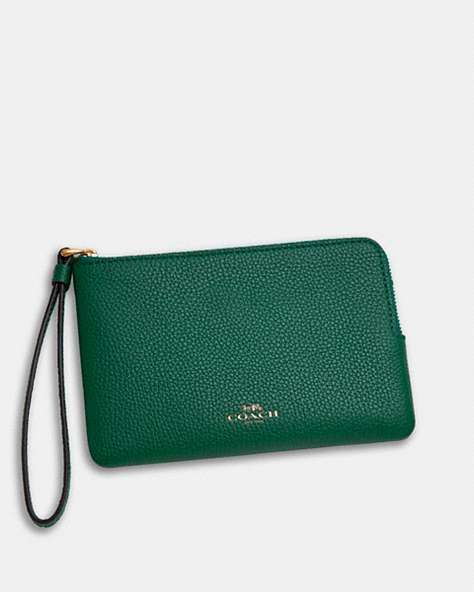 COACH®,COMPLIMENTARY WRISTLET,Polished Pebble Leather,Mini,Brass/Green,Front View