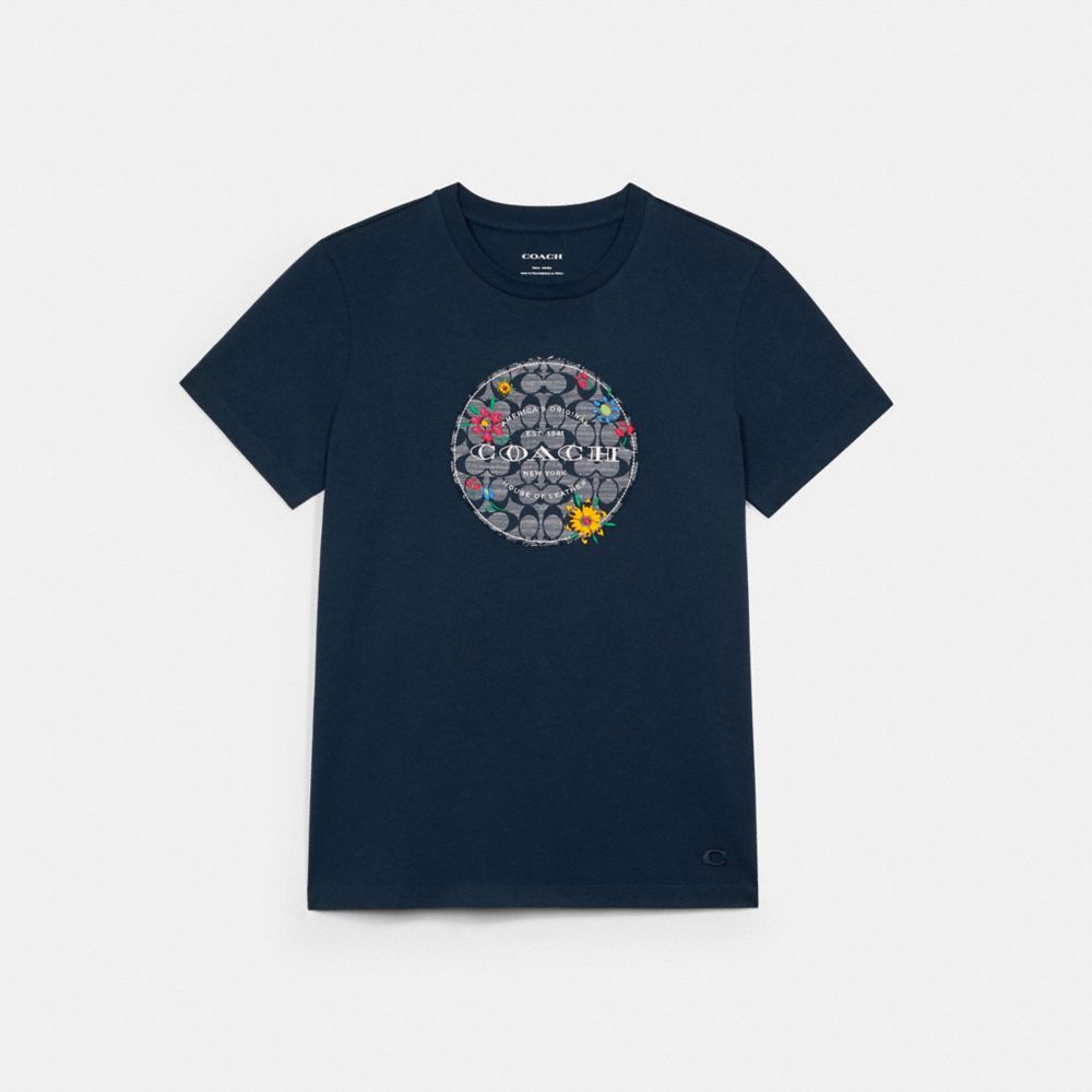 COACH®,CHAMBRAY FLORAL SIGNATURE T-SHIRT,Bright Navy,Front View