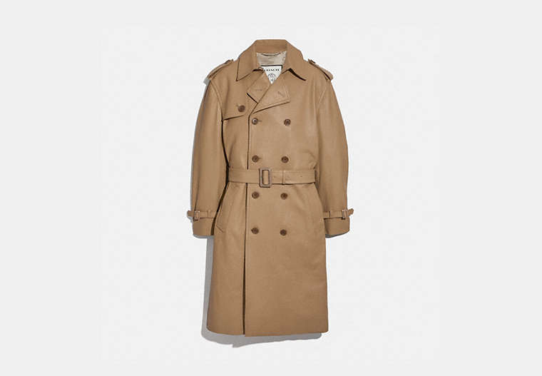 COACH®,LEATHER TRENCH COAT,Leather,KHAKI,Front View image number 0