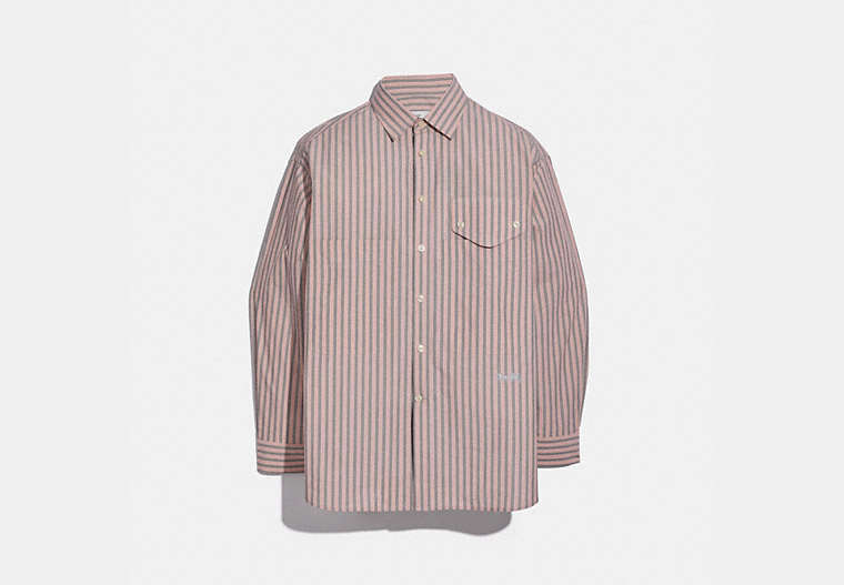 COACH®,PAJAMA SHIRT,cotton,Pink / Grey Stripe,Front View