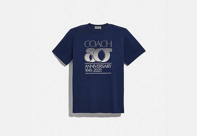 COACH®,COACH 80TH ANNIVERSARY T-SHIRT,Mixed Material,Space Navy,Front View image number 0