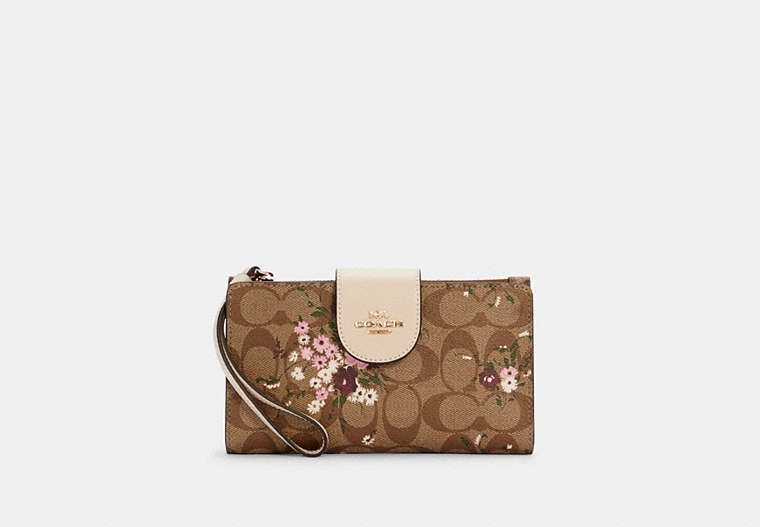 COACH®,PHONE WALLET IN SIGNATURE CANVAS WITH EVERGREEN FLORAL PRINT,Gold/Khaki Multi,Front View