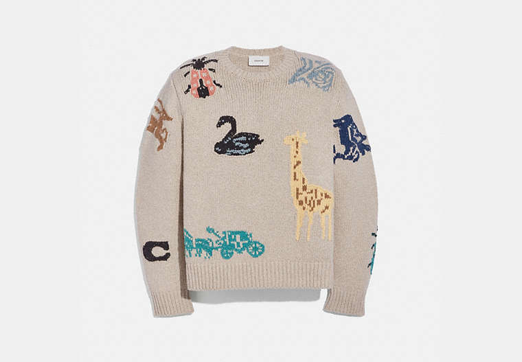 COACH®,ANIMAL GROUP INTARSIA SWEATER,Mixed Material,Ivory,Front View