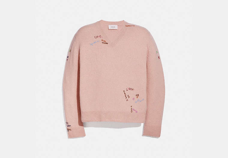 COACH®,EMBROIDERED WOOL SWEATER,wool,LIGHT PINK,Front View