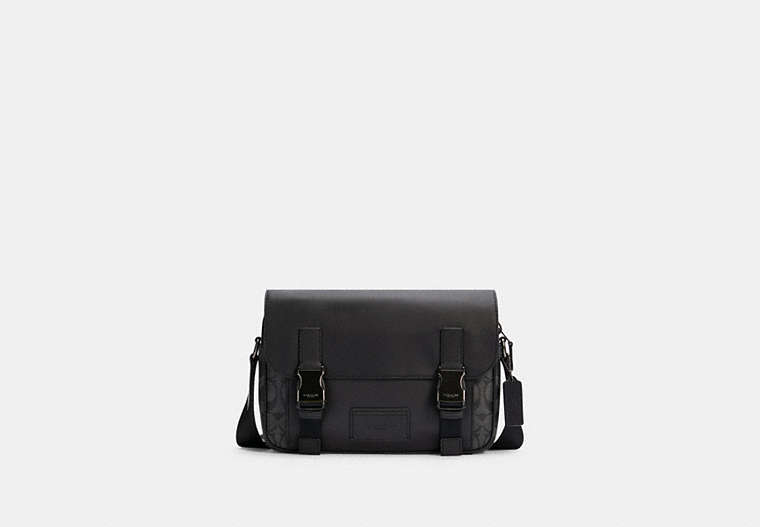 COACH®,TRACK CROSSBODY IN SIGNATURE CANVAS,Leather,Small,Gunmetal/Charcoal/Black,Front View