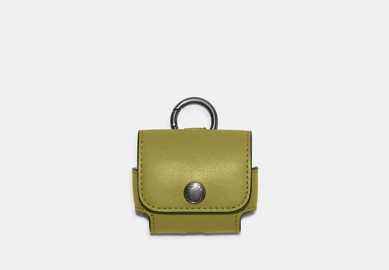COACH®,LARGE WIRELESS EARBUD CASE,Leather,Mini,Gunmetal/Lime Green,Front View image number 0