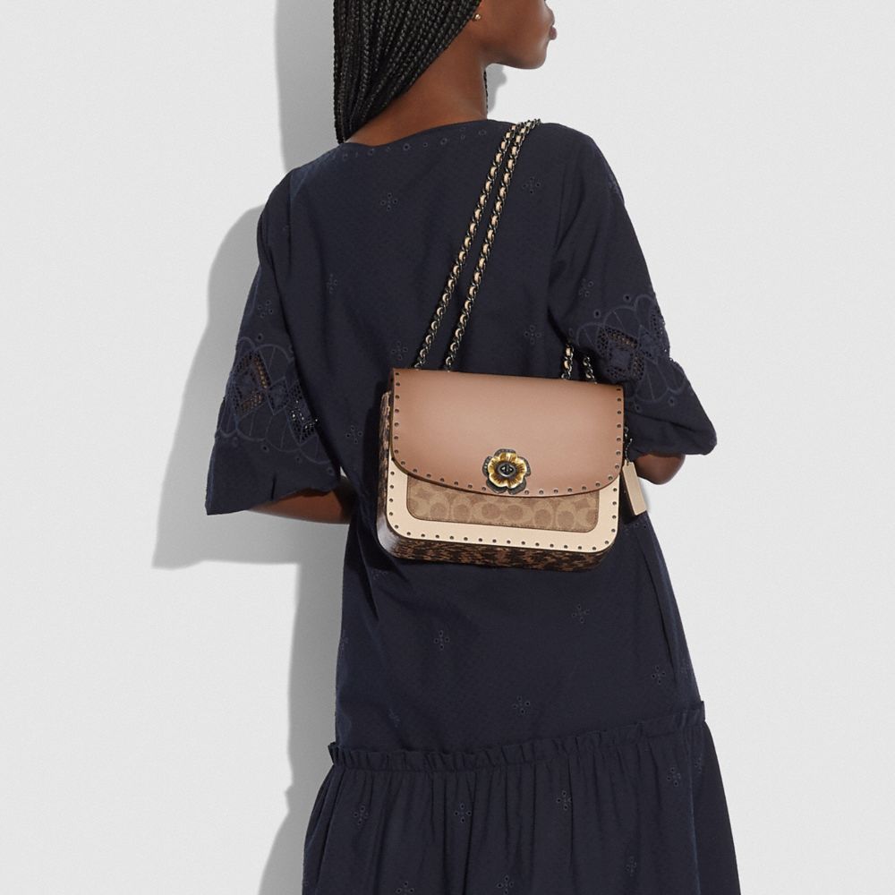 Madison Shoulder Bag In Signature Canvas With Rivets And Snakeskin Detail