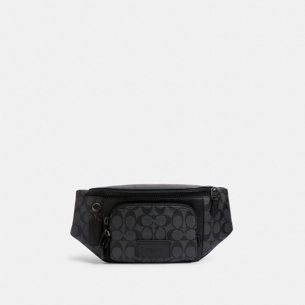 COACH®,TRACK BELT BAG IN SIGNATURE CANVAS,Gunmetal/Charcoal/Black,Front View