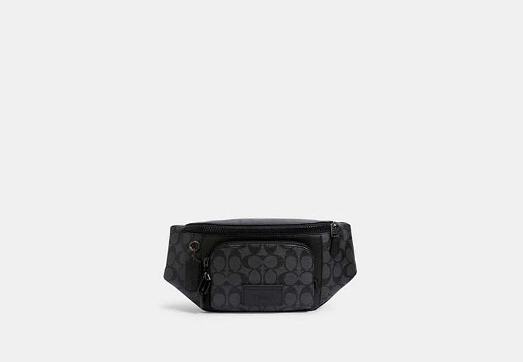 COACH®,TRACK BELT BAG IN SIGNATURE CANVAS,Metal,Gunmetal/Charcoal/Black,Front View image number 0