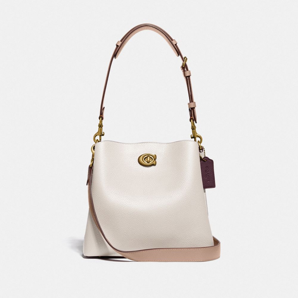 COACH®,WILLOW BUCKET BAG IN COLORBLOCK,Refined Pebble Leather,Medium,Brass/Chalk Multi,Front View