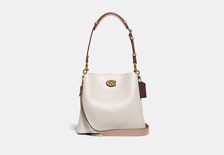 COACH®,WILLOW BUCKET BAG IN COLORBLOCK,Pebble Leather,Medium,Brass/Chalk Multi,Front View