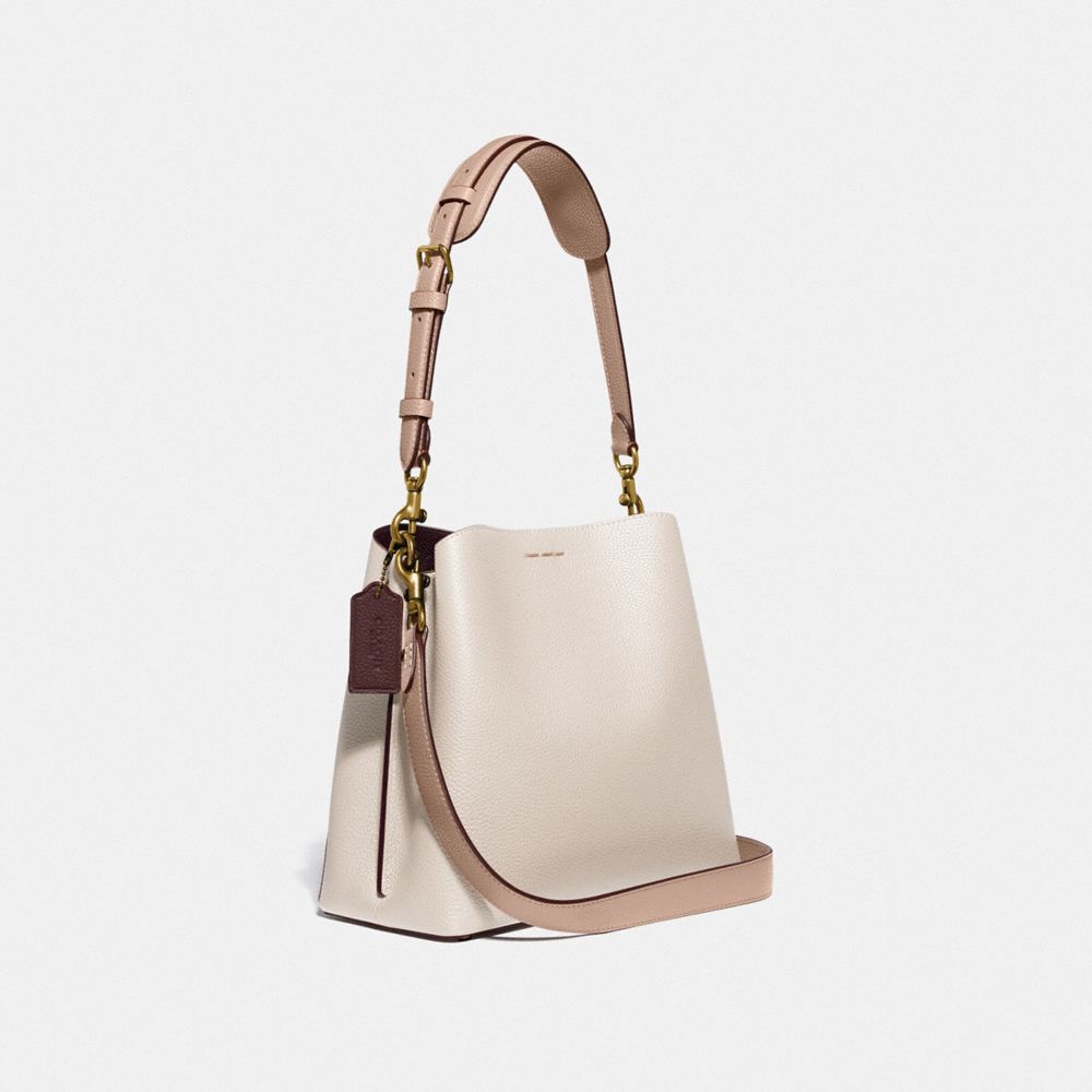 COACH®,WILLOW BUCKET BAG IN COLORBLOCK,Refined Pebble Leather,Medium,Brass/Chalk Multi,Angle View