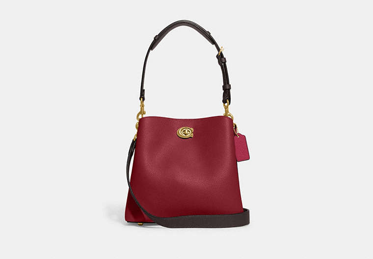 COACH®,WILLOW BUCKET BAG IN COLORBLOCK,Refined Pebble Leather,Medium,Brass/Cherry,Front View