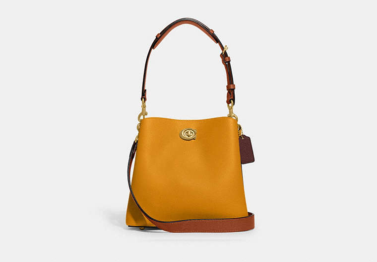 COACH®,WILLOW BUCKET BAG IN COLORBLOCK,Pebble Leather,Medium,Brass/Buttercup Multi,Front View