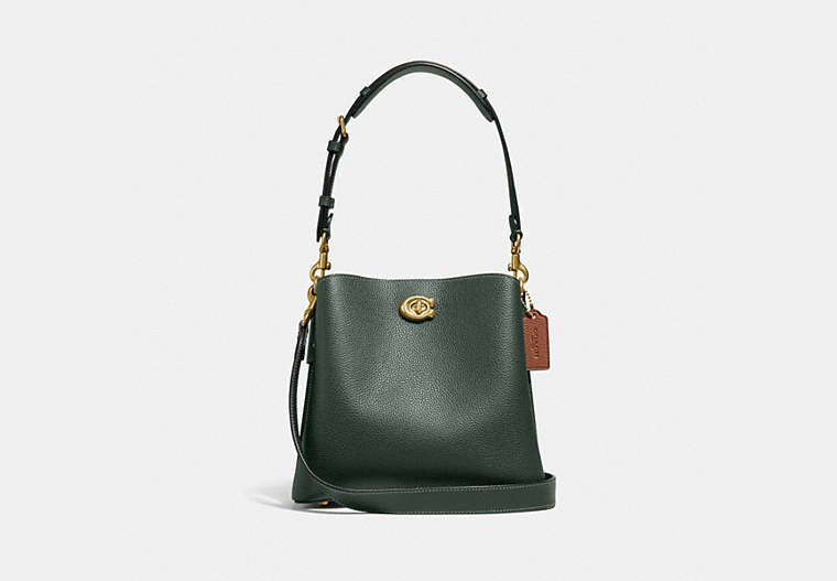 COACH®,WILLOW BUCKET BAG IN COLORBLOCK,Pebble Leather,Medium,Brass/Amazon Green Multi,Front View