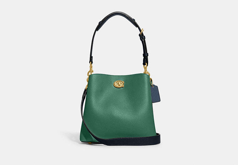 COACH®,WILLOW BUCKET BAG IN COLORBLOCK,Pebble Leather,Medium,Brass/Bright Green Multi,Front View