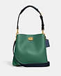 COACH®,WILLOW BUCKET BAG IN COLORBLOCK,Pebble Leather,Medium,Brass/Bright Green Multi,Front View