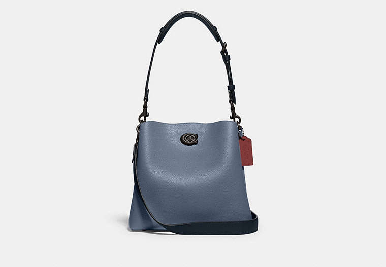 COACH®,WILLOW BUCKET BAG IN COLORBLOCK,Pebble Leather,Medium,Pewter/Washed Chambray Multi,Front View