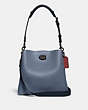 COACH®,WILLOW BUCKET BAG IN COLORBLOCK,Pebble Leather,Medium,Pewter/Washed Chambray Multi,Front View