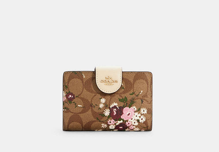 COACH®,MEDIUM CORNER ZIP WALLET IN SIGNATURE CANVAS WITH EVERGREEN FLORAL PRINT,Gold/Khaki Multi,Front View