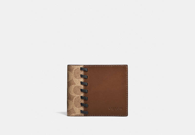 COACH®,3-IN-1 WALLET IN BLOCKED SIGNATURE CANVAS WITH WHIPSTITCH,Leather,Dark Saddle/Tan,Front View image number 0