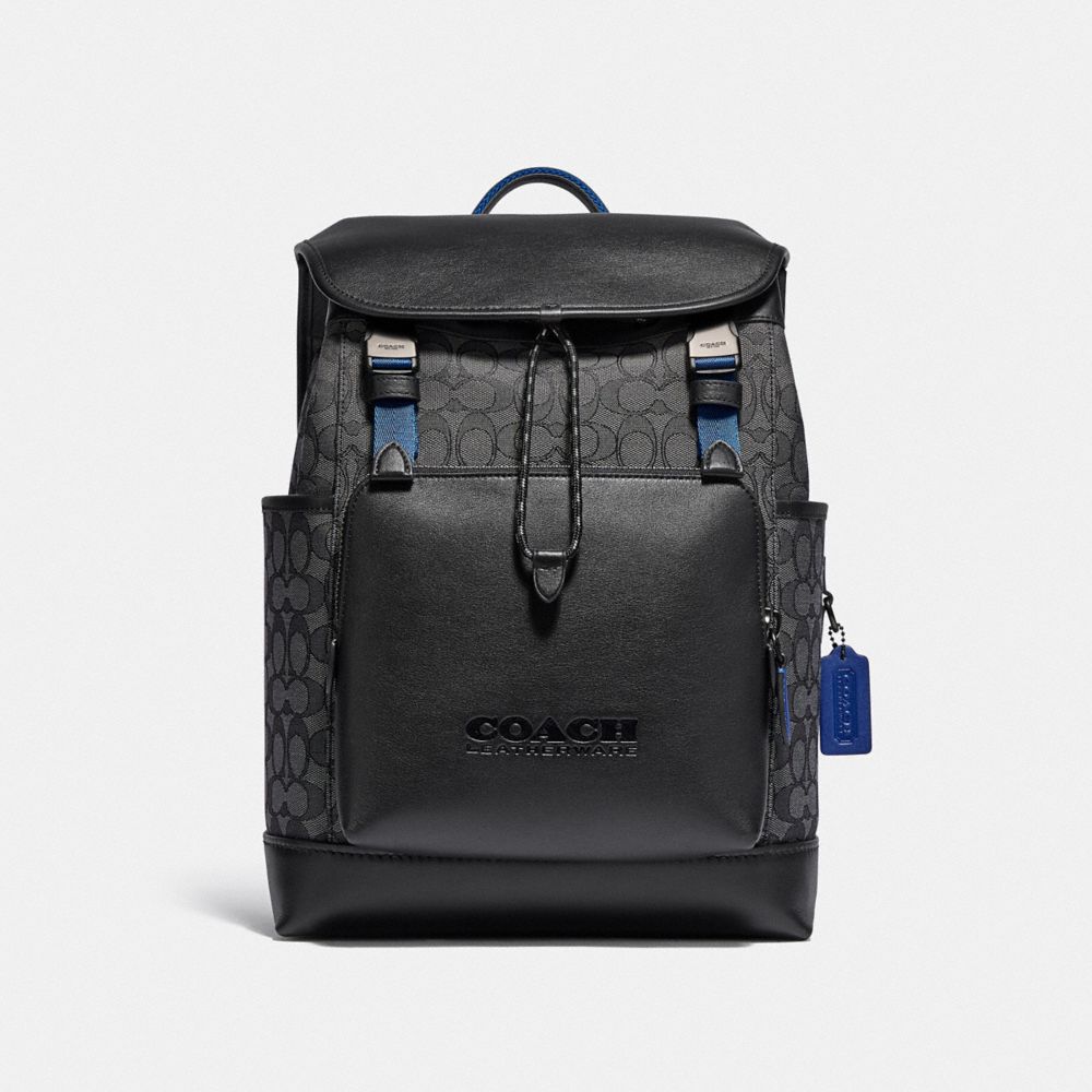 COACH®,LEAGUE FLAP BACKPACK IN SIGNATURE JACQUARD,Jacquard/Smooth Leather,X-Large,Black Copper/Charcoal/Black,Front View