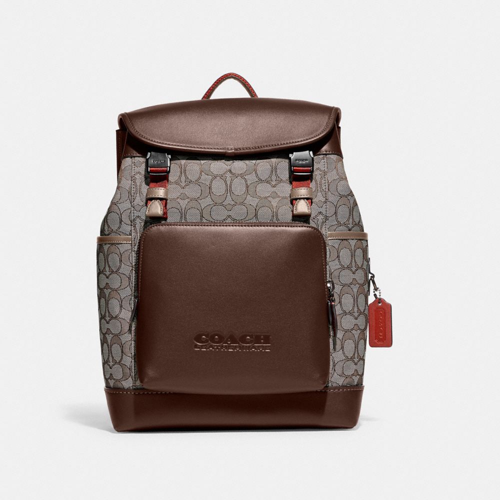 COACH®,LEAGUE FLAP BACKPACK IN SIGNATURE JACQUARD,Jacquard/Smooth Leather,X-Large,Black Copper/Oak/Maple,Front View
