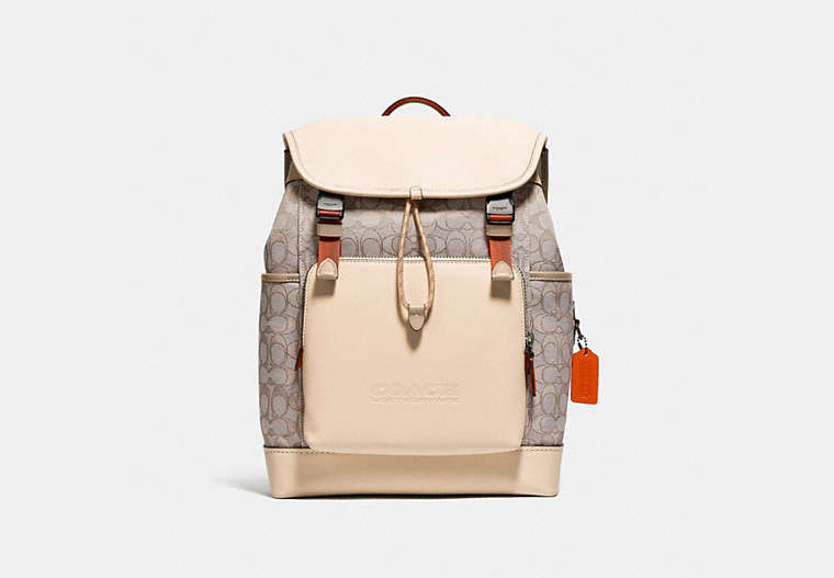 COACH®,LEAGUE FLAP BACKPACK IN SIGNATURE JACQUARD,Jacquard/Smooth Leather,X-Large,Black Copper/Stone/Ivory,Front View